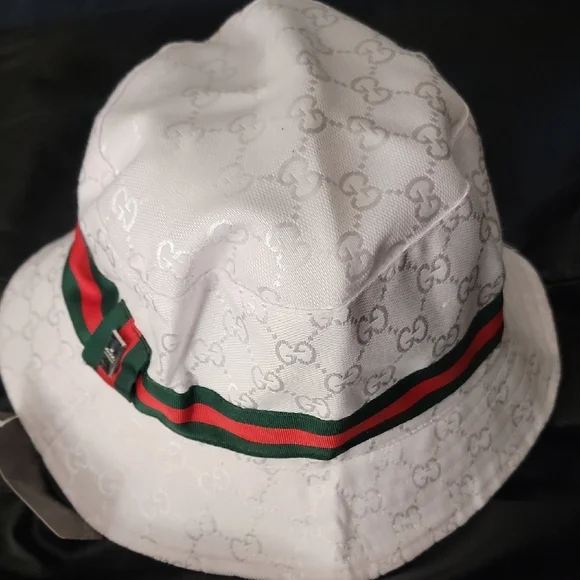 Double G White Bucket Hat with Red and Green Stripe - Picture 2 of 3